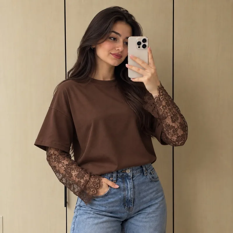 تيشورت نسائي أنيق بأكمام دانتيل ستايل عصري ومميز product image